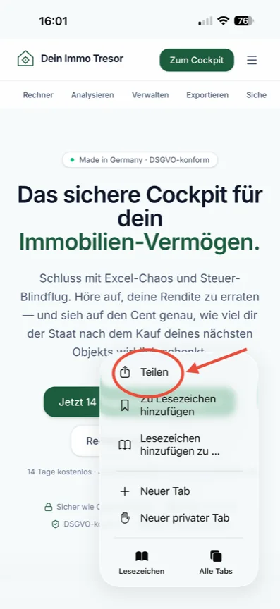 Schritt 2: Auf das „Teilen“-Symbol tippen